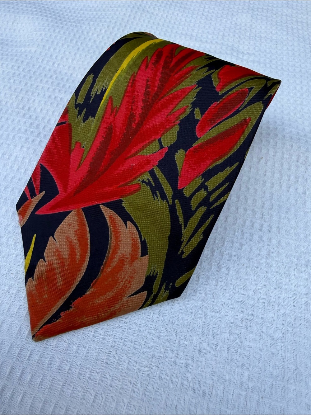 Vintage Mulberry Silk Black Tie with Red, Olive & Orange Floral Motif